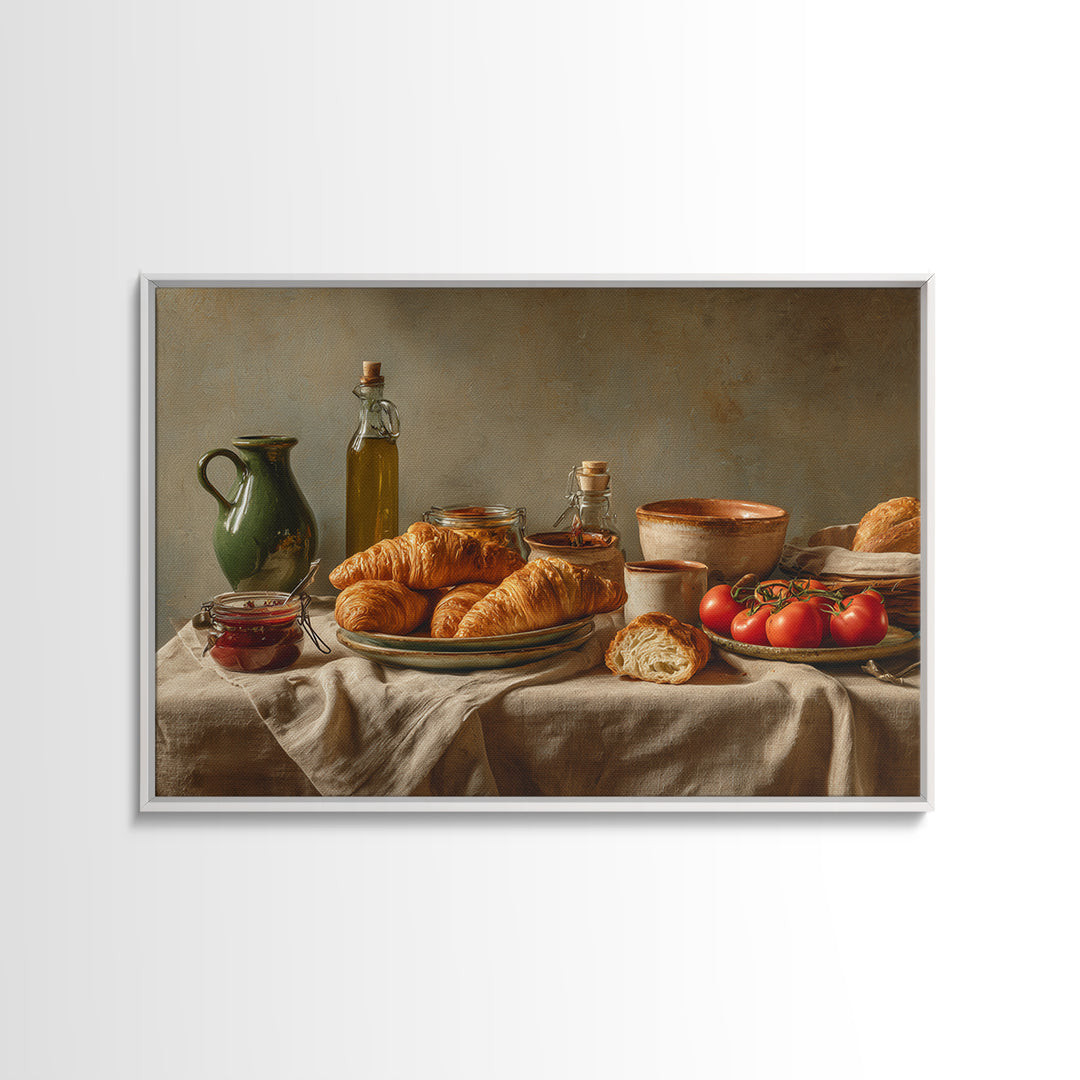 Fresh Croissants and Jam on a Linen Framed Canvas Print, Bed and Breakfast Art, Dopamine Decor, Living Room Decor, Fine Art, BAB-3x2-6