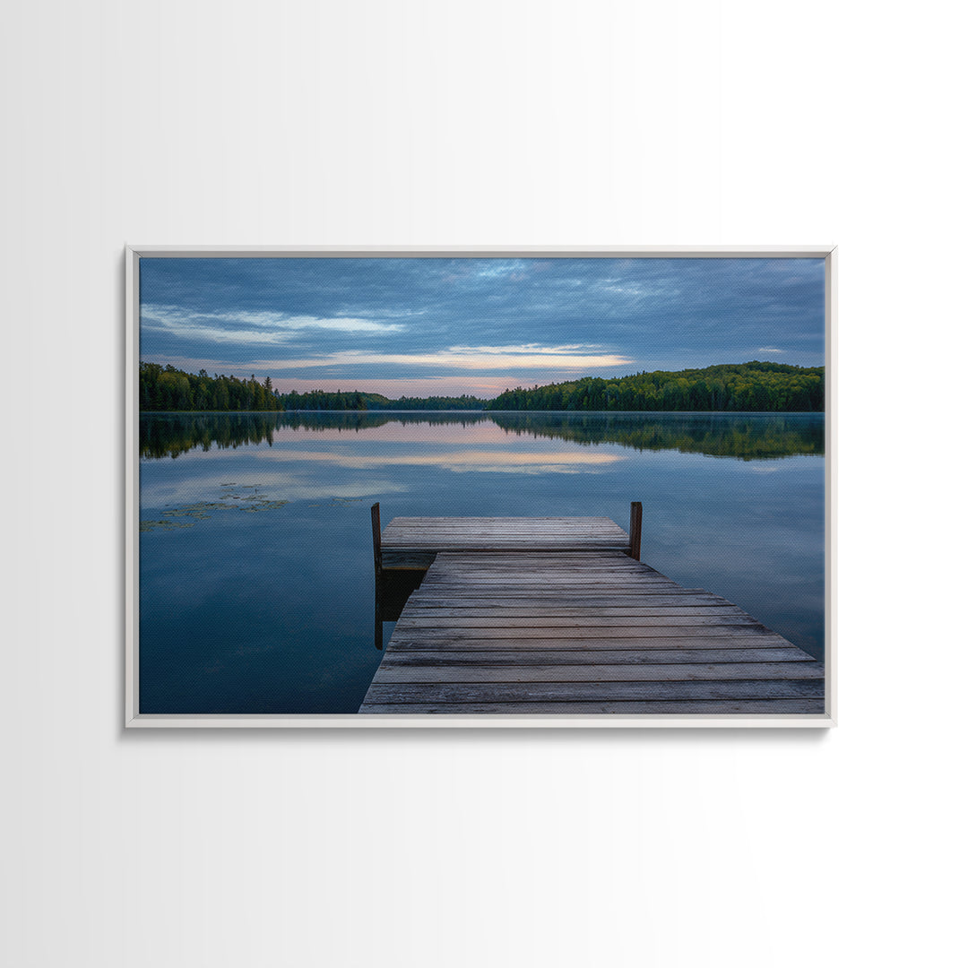 Quiet Lake Dock at Early Morning Framed Canvas Print, Bed and Breakfast Art, Farmhouse Wall Decor, Living Room Decor, Fine Art, BAB-3x2-74