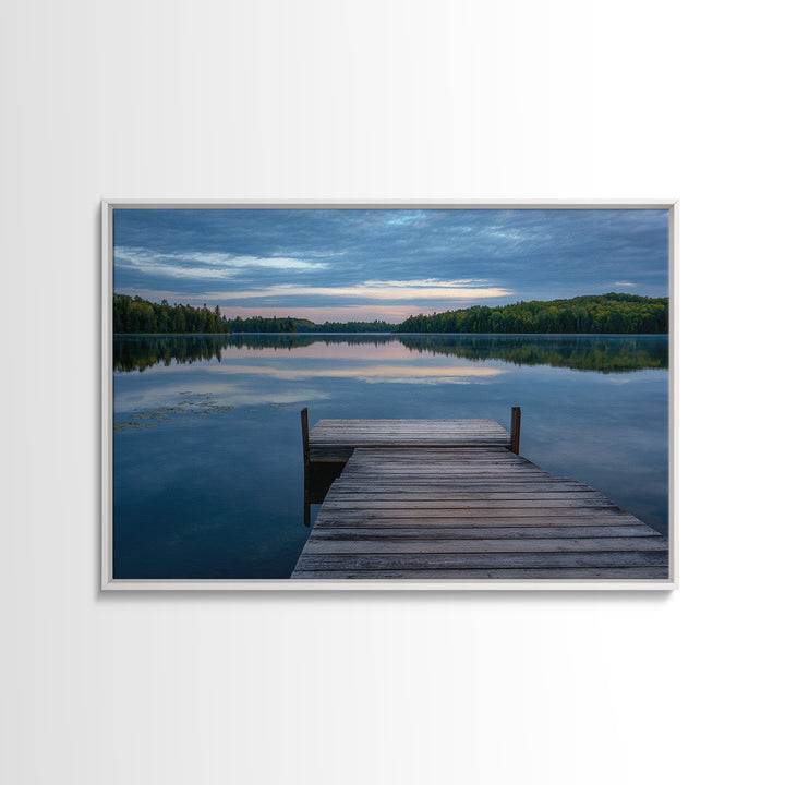 Quiet Lake Dock at Early Morning Framed Canvas Print, Bed and Breakfast Art, Farmhouse Wall Decor, Living Room Decor, Fine Art, BAB-3x2-74