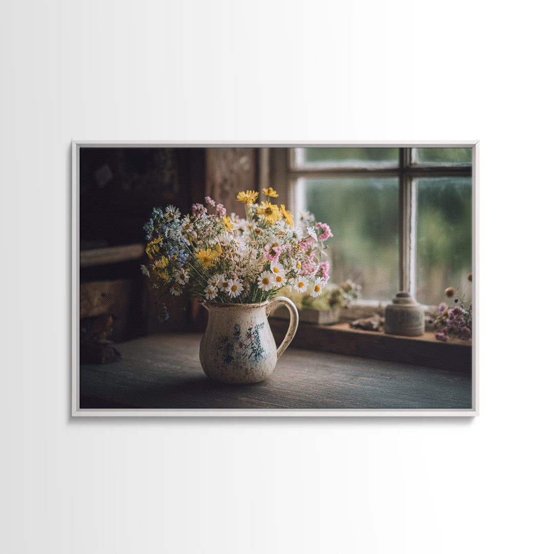 Country Wildflowers in a Chipped Ceramic Pitcher Canvas Print, Bed and Breakfast Art, Room Decor, Living Room Decor, BAB-3x2-77