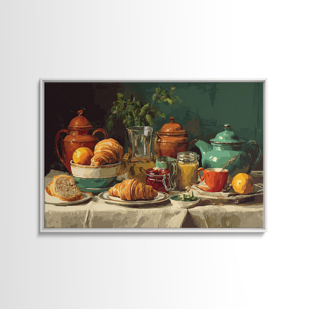 Fresh Croissants and Jam on a Linen Framed Canvas Print, Bed and Breakfast Art, Folk Art, Living Room Decor, Abstract Art, BAB-3x2-78