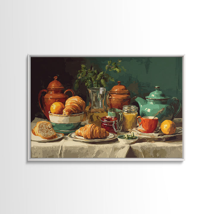 Fresh Croissants and Jam on a Linen Framed Canvas Print, Bed and Breakfast Art, Folk Art, Living Room Decor, Abstract Art, BAB-3x2-78