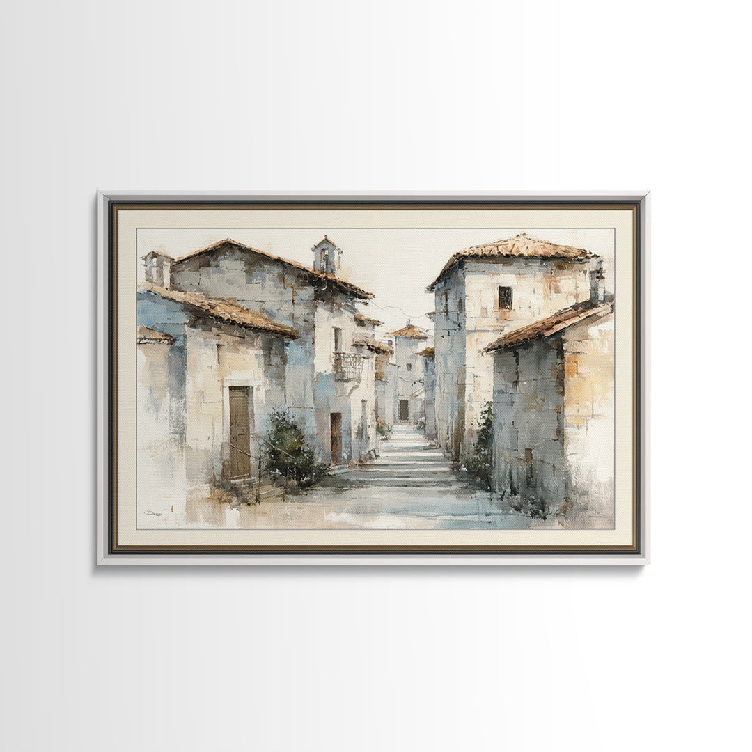 Soft Watercolor Village Street at Dawn Framed Canvas Print, Bed and Breakfast Art, Fine Art Print, Living Room Decor, Fine Art, BAB-3x2-81