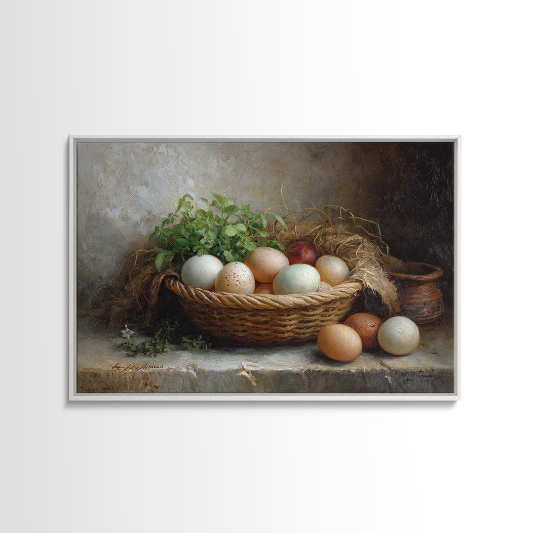 Fresh Eggs in a Woven Basket with Framed Canvas Print, Bed and Breakfast Art, Bedroom Art, Living Room Decor, Oil Painting, BAB-3x2-82