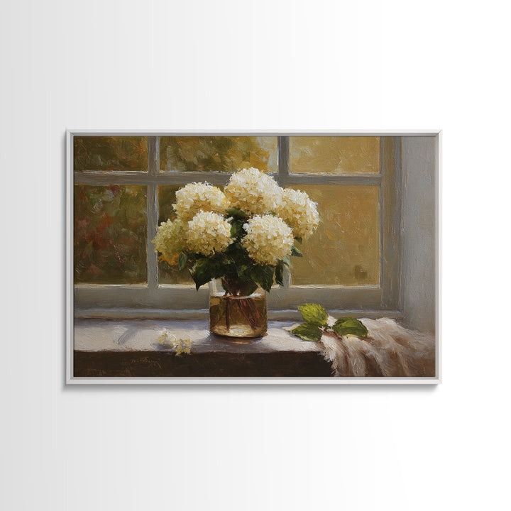Sunlit Hydrangeas on a Windowsill Framed Canvas Print, Bed and Breakfast Art, Trendy Wall Art, Living Room Decor, Fine Art, BAB-3x2-86