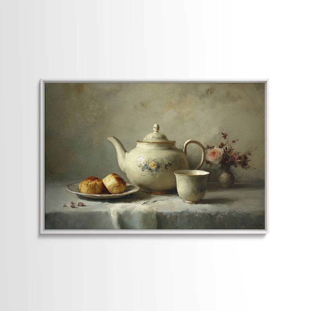 Porcelain Teapot and Scones Canvas Print, Bed and Breakfast Art, Wall Decor, Living Room Decor, Fine Art, Dopamine Decor, BAB-3x2-88