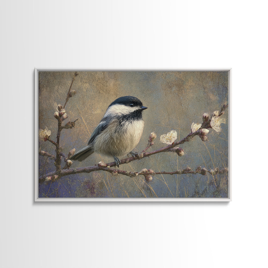 Small Bird on a Flowering Branch Framed Canvas Print, Bed and Breakfast Art, Farmhouse Wall Art, Living Room Decor, Fine Art, BAB-3x2-90