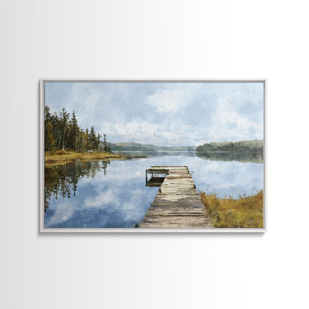 Quiet Lake Dock at Early Morning Canvas Print, Bed and Breakfast Art, Coffee Wall Art, Living Room Decor, Oil Painting, BAB-3x2-98