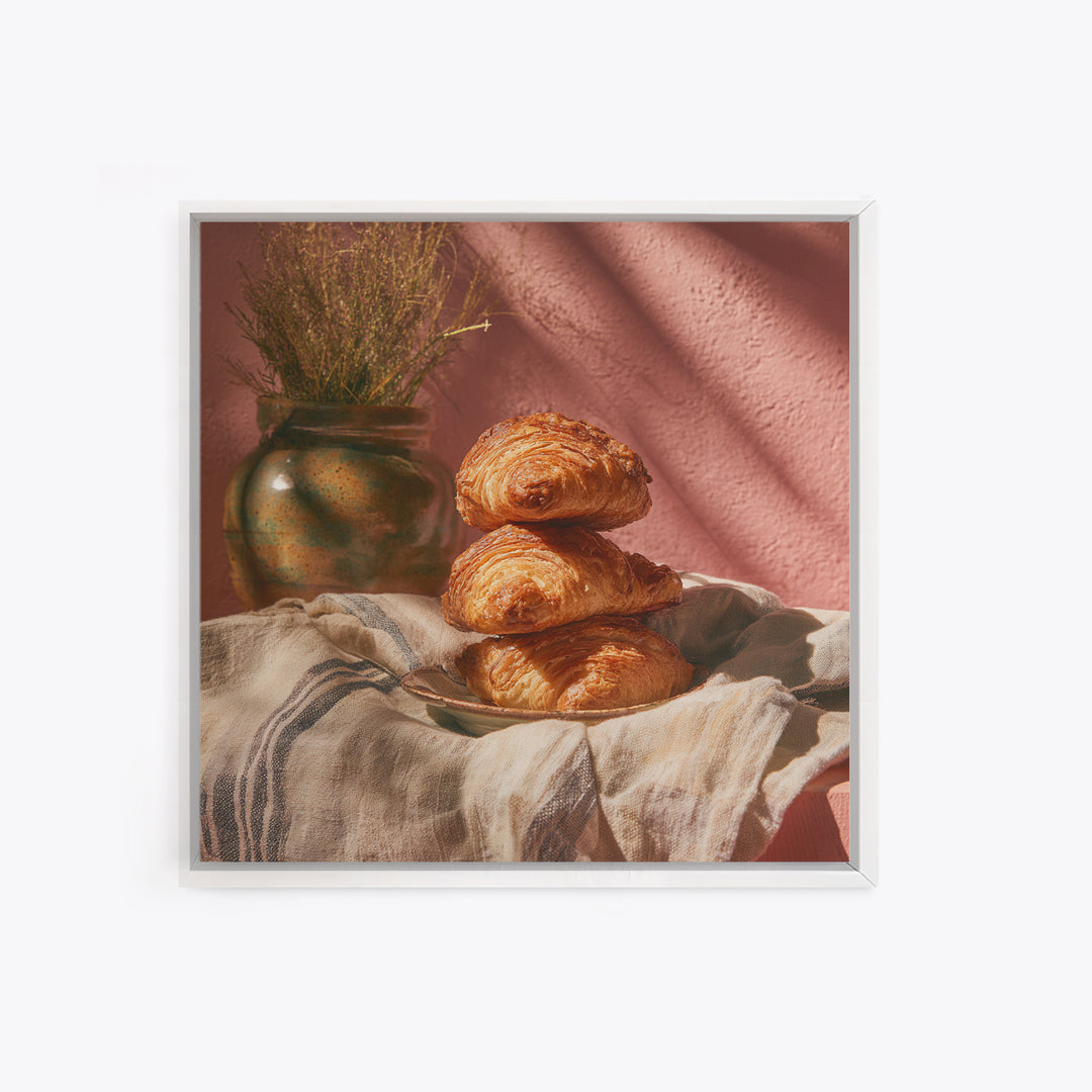 Buttery Croissants Stacked on Striped Linen Framed Canvas Print, Bakery Art, Modern Decor, Bakery Decor, Abstract Art, BAK-1x1-1