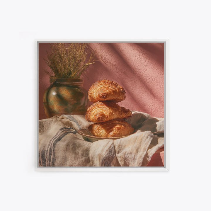 Buttery Croissants Stacked on Striped Linen Framed Canvas Print, Bakery Art, Modern Decor, Bakery Decor, Abstract Art, BAK-1x1-1