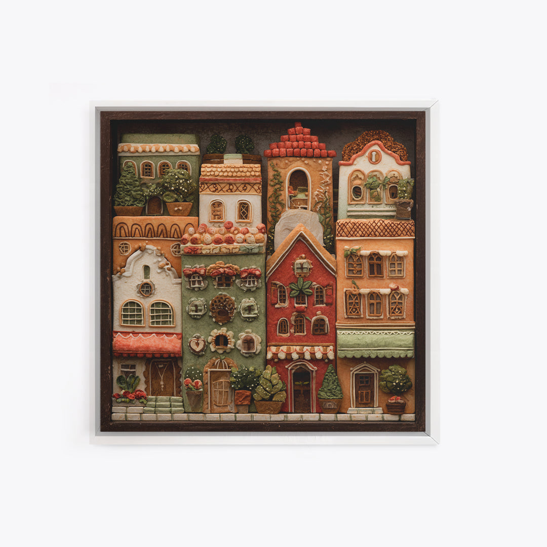 Gingerbread Houses in Charming Folk Art Style Canvas Print, Bakery Art, Whimsical Wall Art, Bakery Decor, Fine Art, Patisserie, BAK-1x1-14