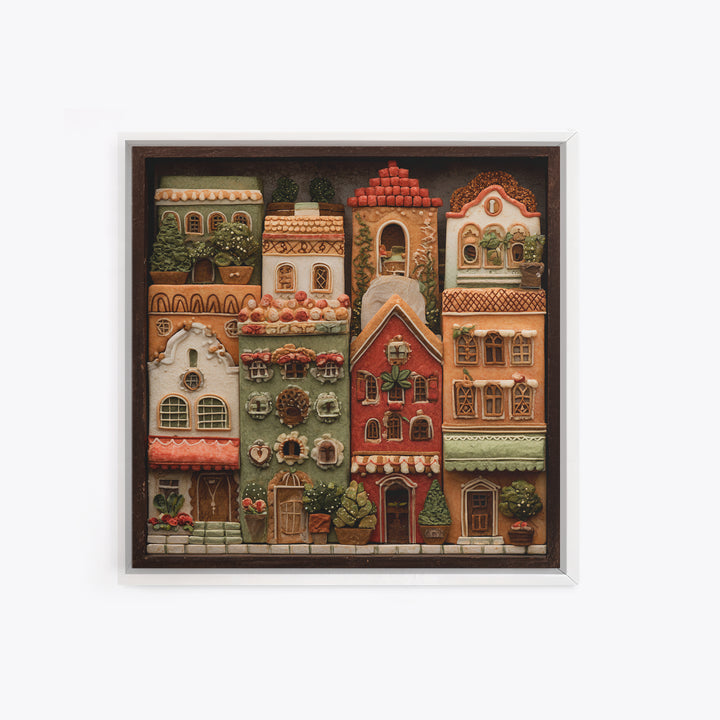 Gingerbread Houses in Charming Folk Art Style Canvas Print, Bakery Art, Whimsical Wall Art, Bakery Decor, Fine Art, Patisserie, BAK-1x1-14