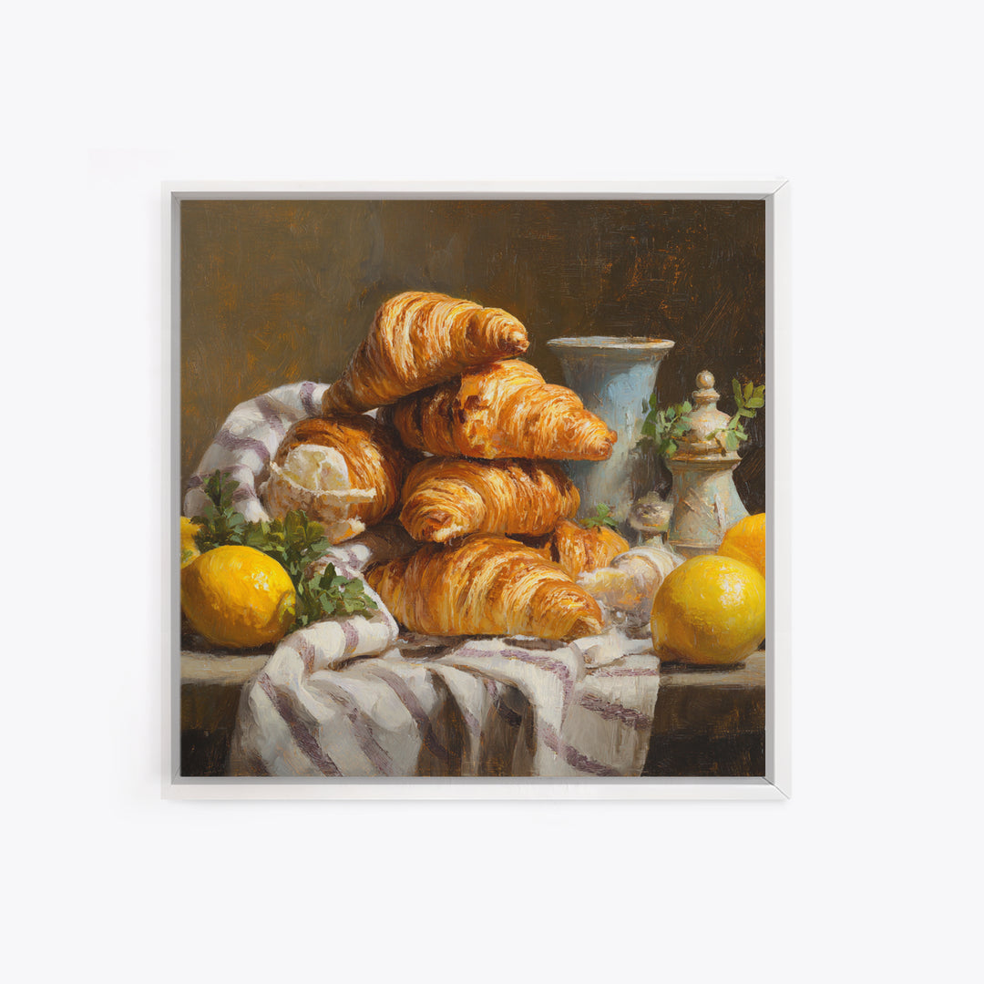 Buttery Croissants Stacked on Striped Linen Canvas Print, Bakery Art, Room Decor, Bakery Decor, Abstract Art, Patisserie, BAK-1x1-25