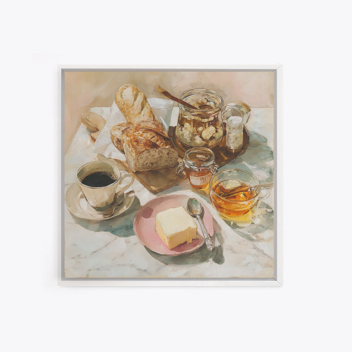 Baguette and Butter Still Life on Marble Framed Canvas Print, Bakery Art, Gallery Decor, Bakery Decor, Fine Art, Patisserie, BAK-1x1-32