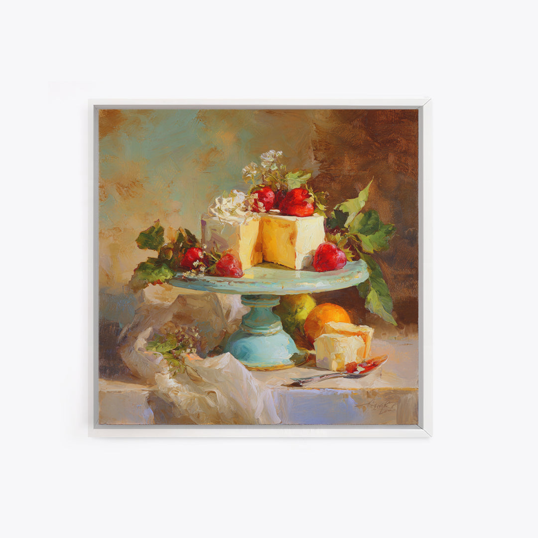 Pastel Cake Stand Framed Canvas Print, Bakery Art, Boho Decor, Bakery Decor, Oil Painting, Patisserie, Printable Wall Art, BAK-1x1-37