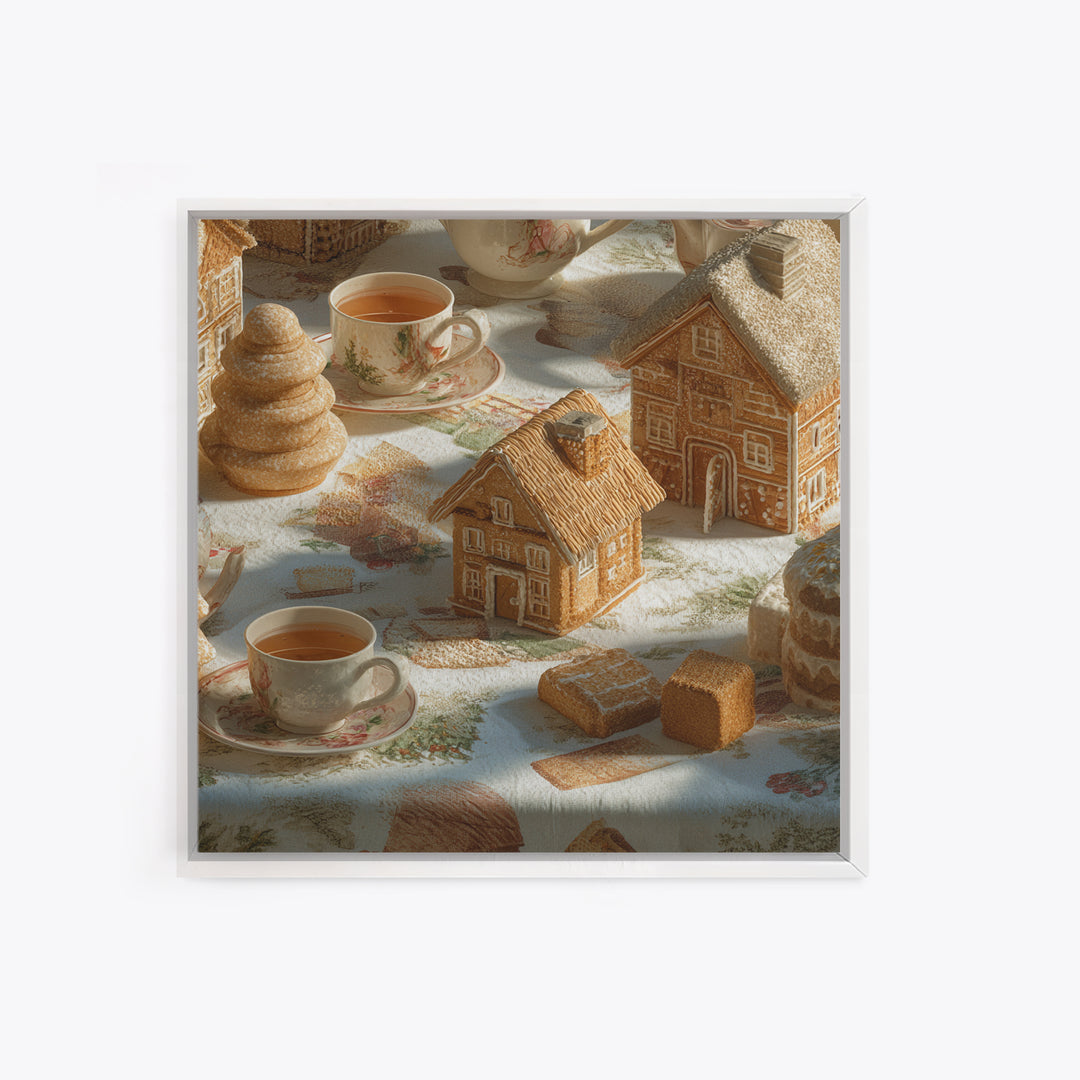 Gingerbread Houses in Charming Folk Art Style Framed Canvas Print, Bakery Art, Gallery Decor, Bakery Decor, Patisserie, BAK-1x1-38