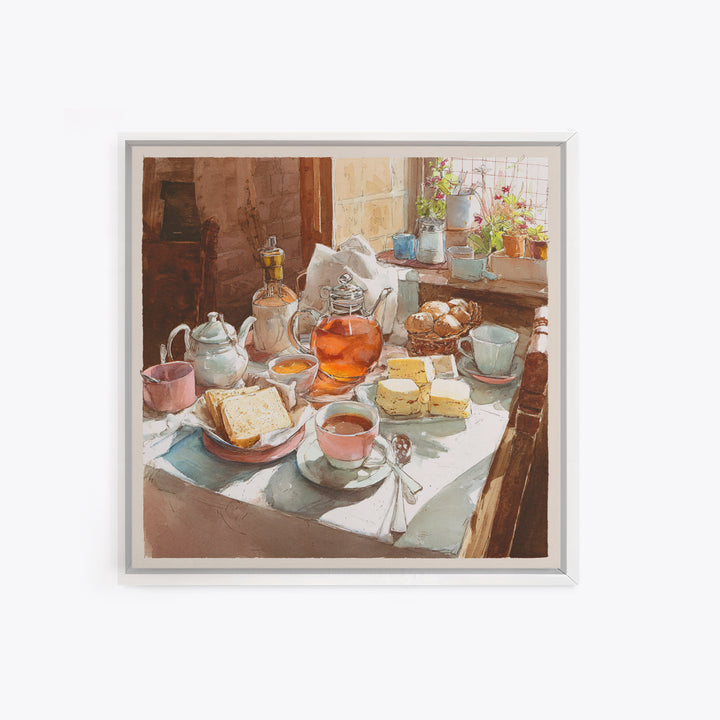 Tea and Scone Arrangement Framed Canvas Print, Bakery Art, Watercolor Painting, Bakery Decor, Patisserie, Aesthetic Wall Art, BAK-1x1-44