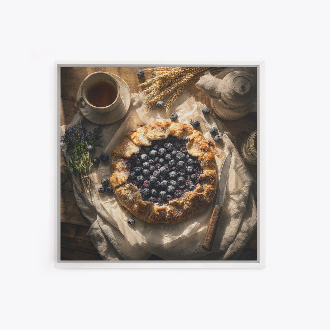 Blueberry Galette with Rustic Farmhouse Texture Framed Canvas Print, Bakery Art, Kitchen Print, Bakery Decor, Patisserie, BAK-1x1-47