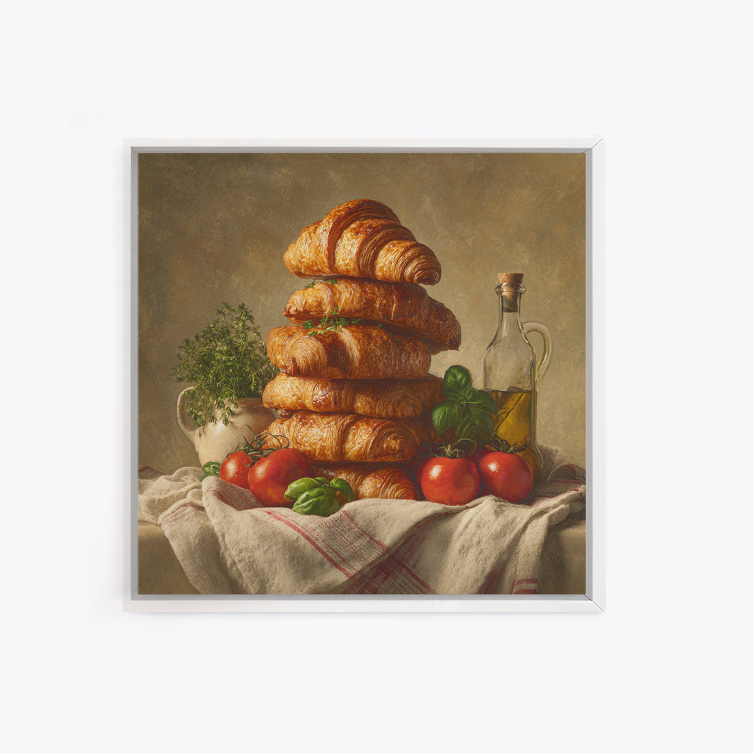 Buttery Croissants Stacked on Striped Linen Canvas Print, Bakery Art, Room Decor, Bakery Decor, Abstract Art, Patisserie, BAK-1x1-49