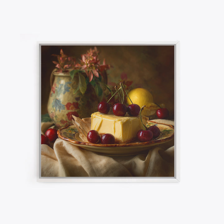 Cherry Tart Still Life Framed Canvas Print, Bakery Art, Textured Painting, Bakery Decor, Fine Art, Patisserie, Printable Art, BAK-1x1-53