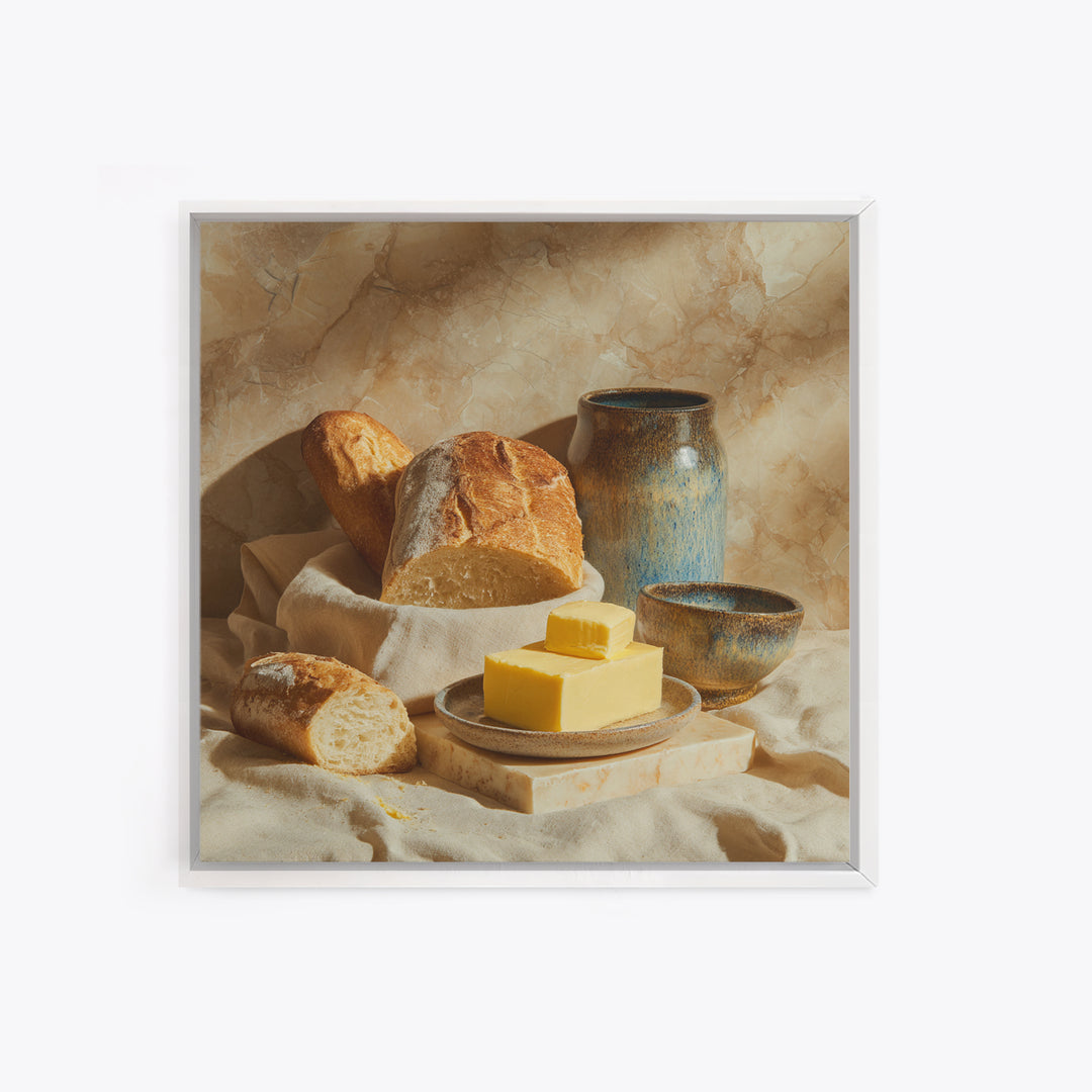 Baguette and Butter Still Life on Marble Framed Canvas Print, Bakery Art, Watercolor Painting, Bakery Decor, Patisserie, BAK-1x1-56