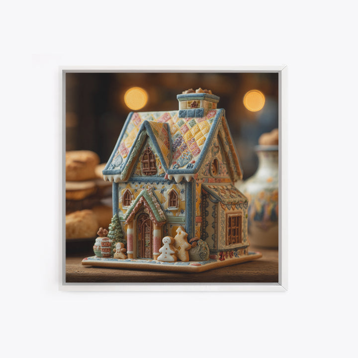 Gingerbread Houses in Charming Folk Art Style Framed Canvas Print, Bakery Art, Gallery Decor, Bakery Decor, Patisserie, BAK-1x1-62