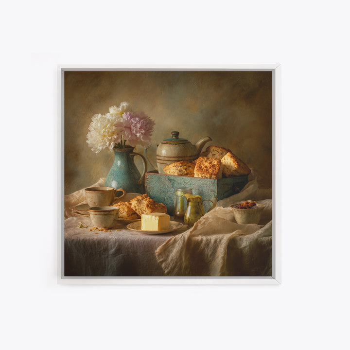 Tea and Scone Arrangement Framed Canvas Print, Bakery Art, Neutral Wall Art, Bakery Decor, Patisserie, Statement Artwork, BAK-1x1-68