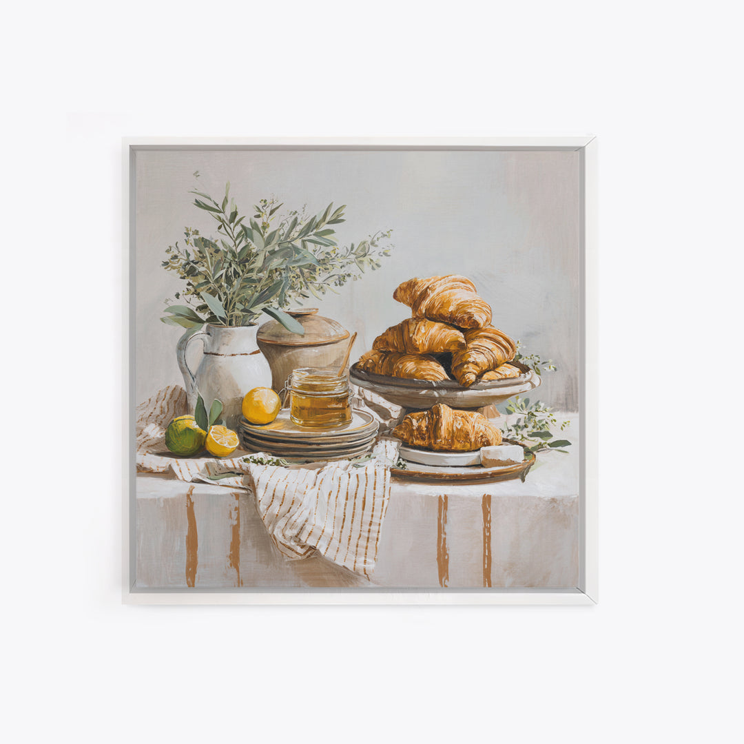 Buttery Croissants Stacked on Striped Linen Framed Canvas Print, Bakery Art, Home Decor, Bakery Decor, Abstract Art, Patisserie, BAK-1x1-73