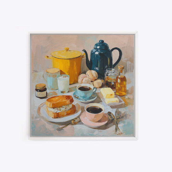 Painterly Eclair and Coffee Still Life Framed Canvas Print, Bakery Art, French Wall Art, Bakery Decor, Abstract Art, Patisserie, BAK-1x1-84