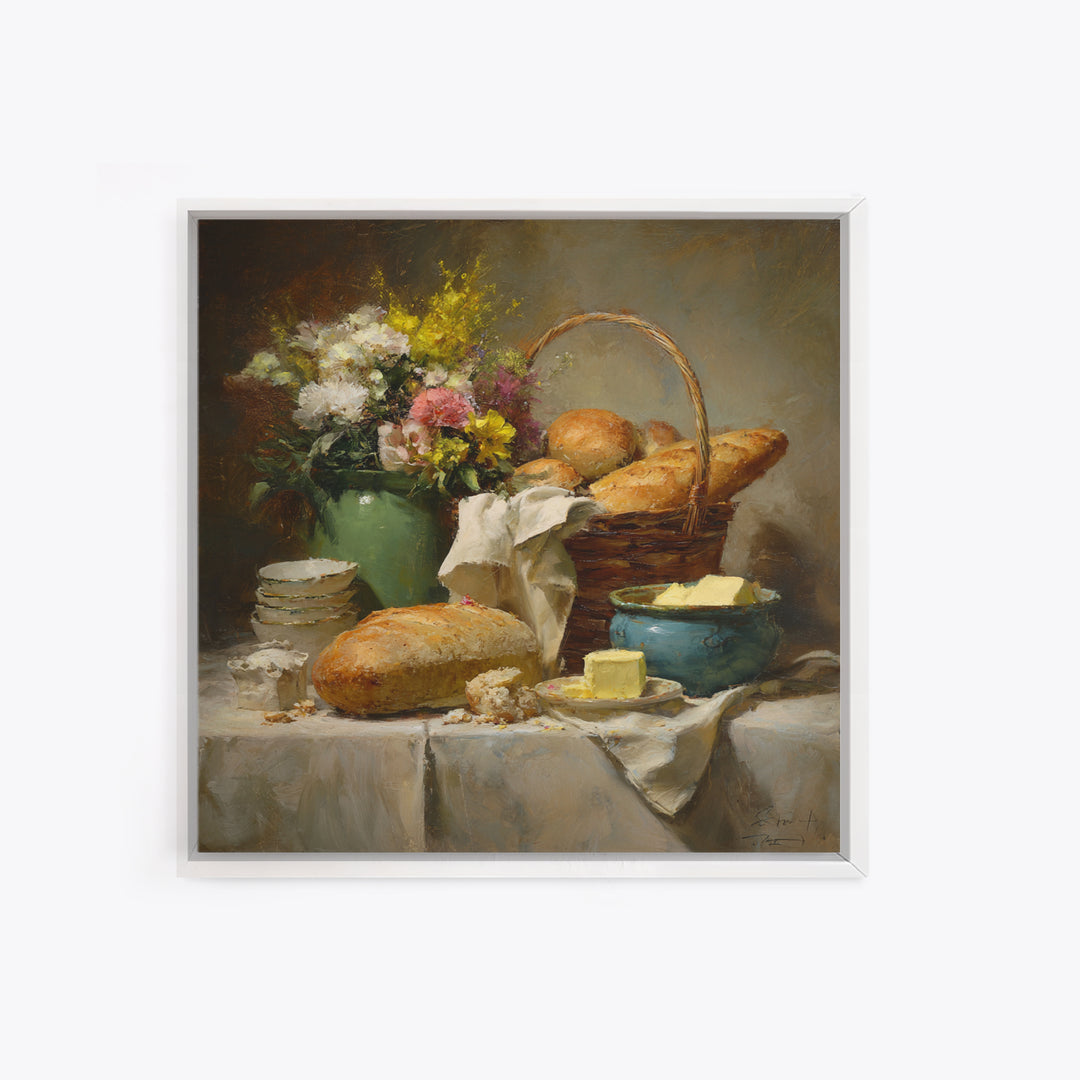 French Market Basket Filled Canvas Print, Bakery Art, Neutral Decor, Bakery Decor, Oil Painting, Patisserie, Home Decor, BAK-1x1-90