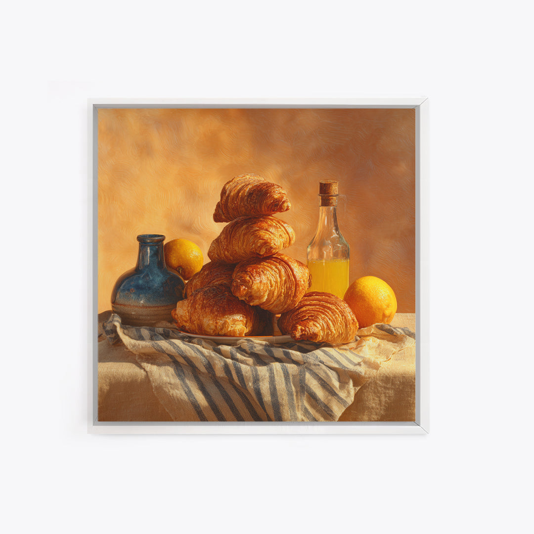 Buttery Croissants Stacked on Striped Linen Canvas Print, Bakery Art, Kitchen Wall Art, Bakery Decor, Fine Art, Patisserie, BAK-1x1-97