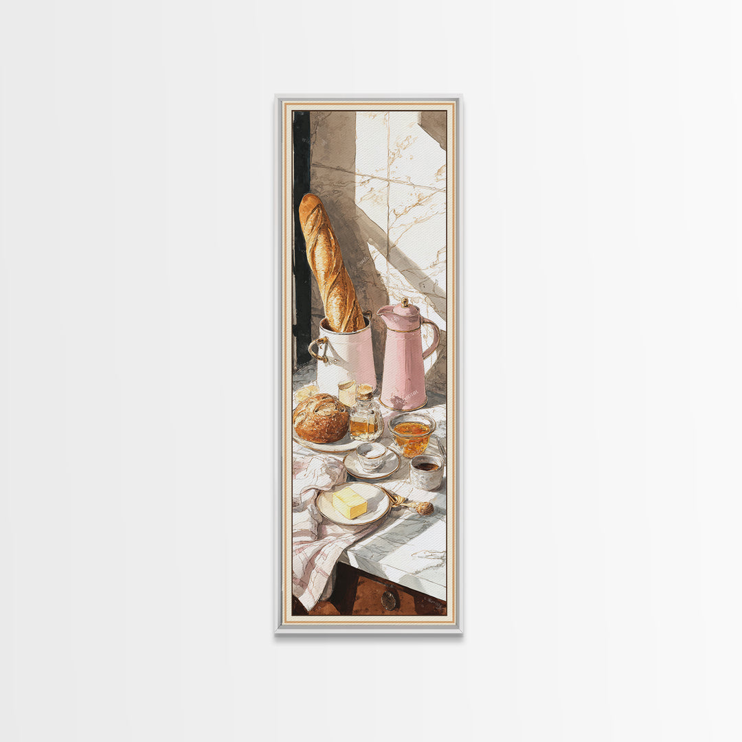 Baguette and Butter Still Life on Marble Framed Canvas Print, Bakery Art, Wall Decor, Bakery Decor, Fine Art, Patisserie, BAK-1x3-20