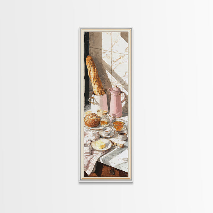 Baguette and Butter Still Life on Marble Framed Canvas Print, Bakery Art, Wall Decor, Bakery Decor, Fine Art, Patisserie, BAK-1x3-20
