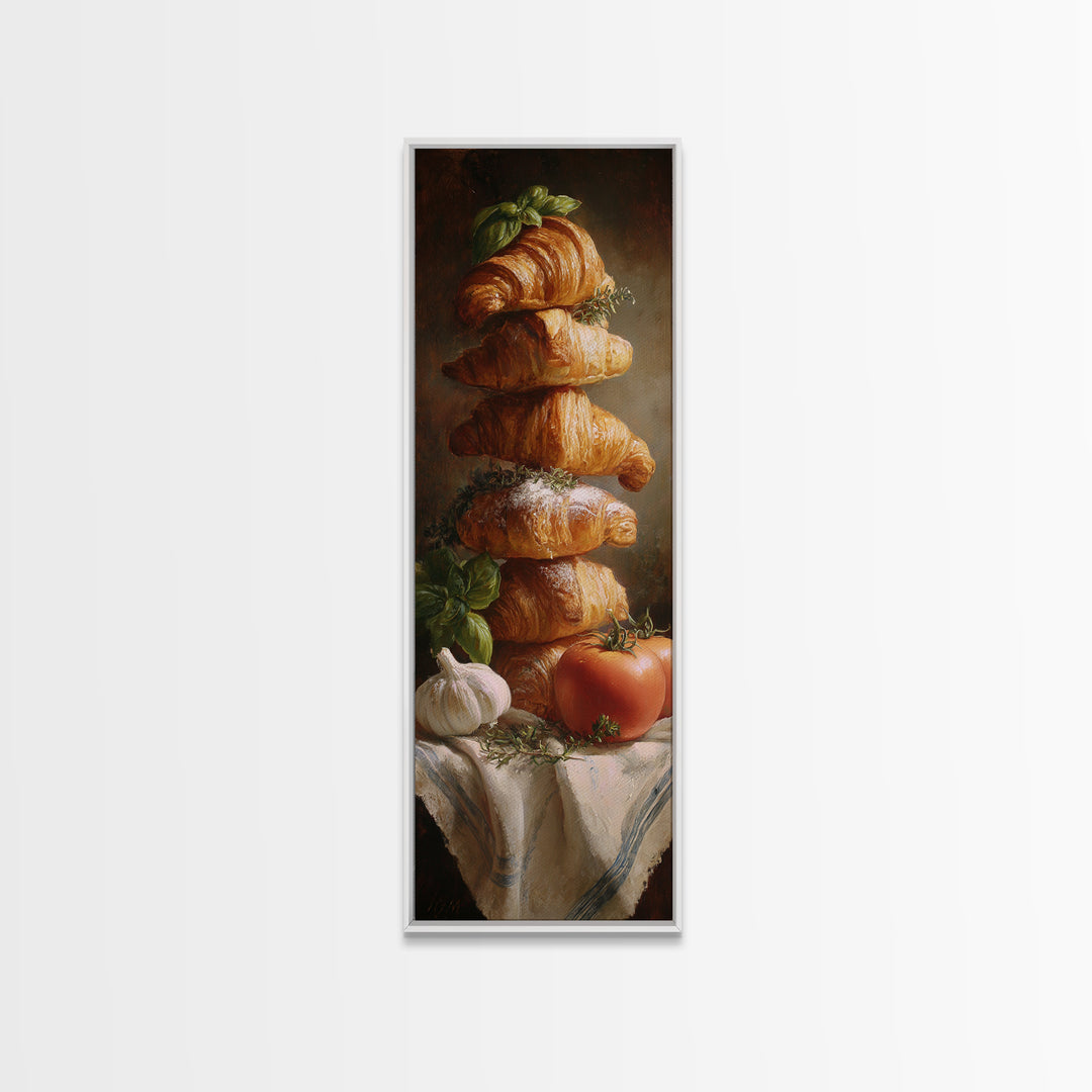 Buttery Croissants Stacked on Striped Linen Canvas Print, Bakery Art, Minimalist Decor, Bakery Decor, Fine Art, Patisserie, BAK-1x3-37