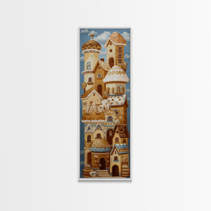 Gingerbread Houses in Charming Folk Art Style Framed Canvas Print, Bakery Art, Fine Art Print, Bakery Decor, Patisserie, BAK-1x3-50