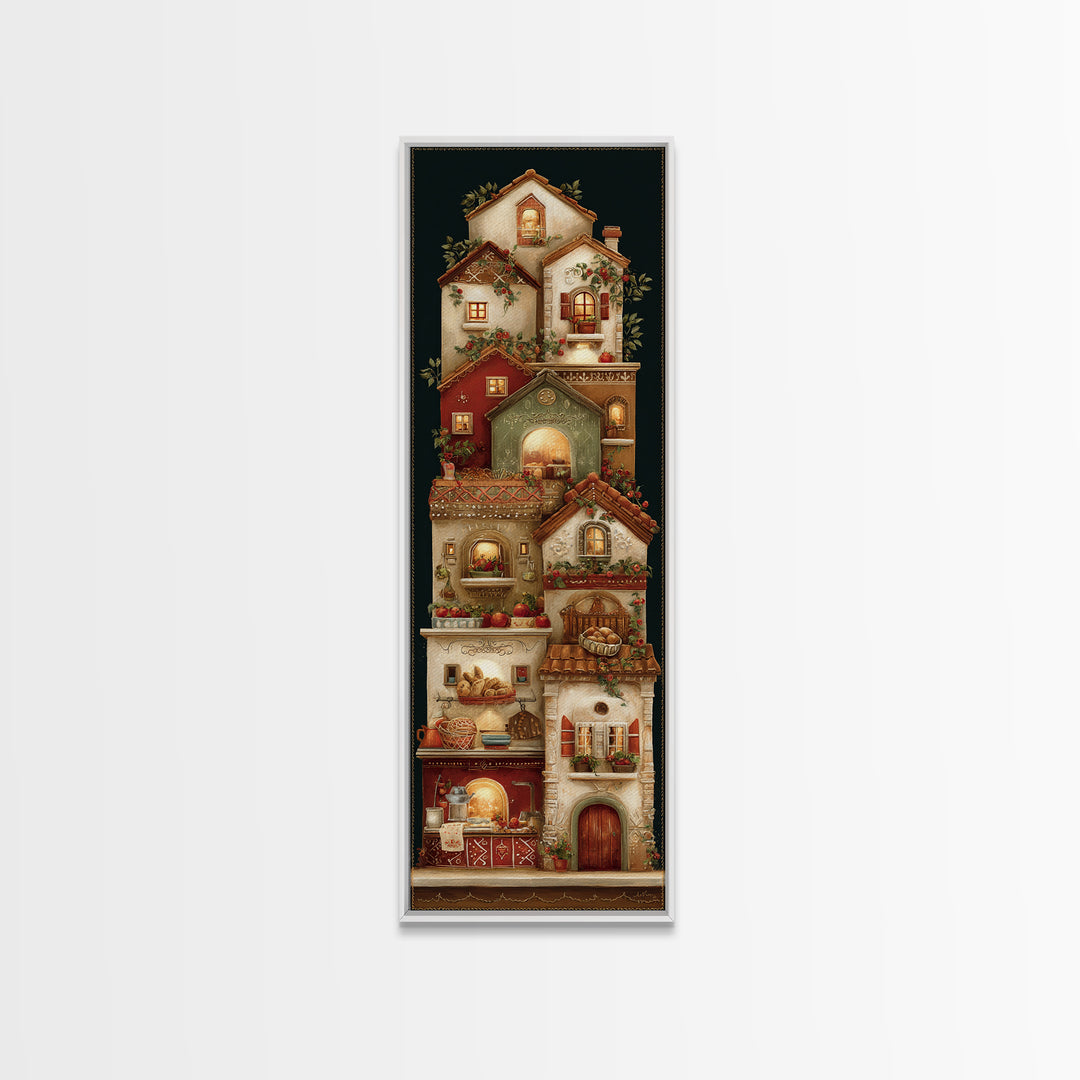 Gingerbread Houses in Charming Folk Art Style Framed Canvas Print, Bakery Art, Fine Art Print, Bakery Decor, Patisserie, BAK-1x3-74