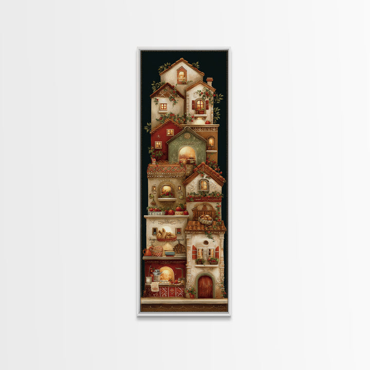 Gingerbread Houses in Charming Folk Art Style Framed Canvas Print, Bakery Art, Fine Art Print, Bakery Decor, Patisserie, BAK-1x3-74