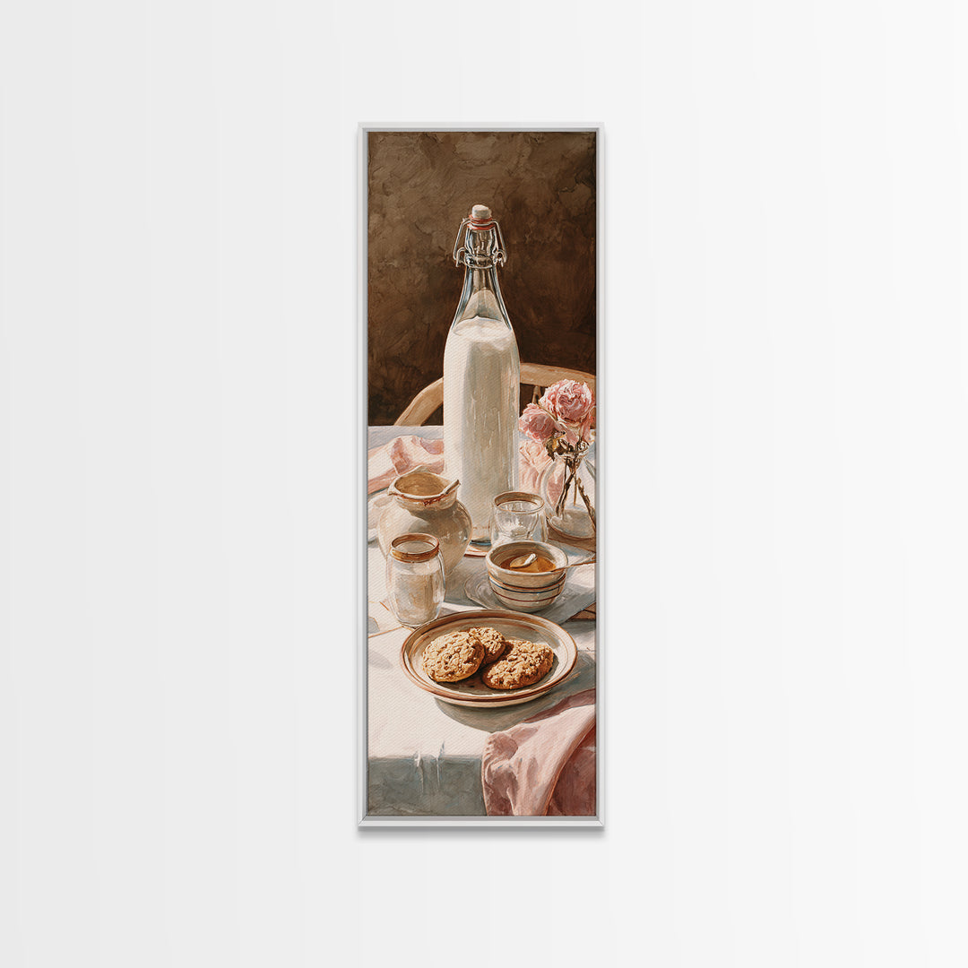 Milk Bottle and Cookies Nostalgic Still Life Canvas Print, Bakery Art, Boho Decor, Bakery Decor, Oil Painting, Patisserie, BAK-1x3-82