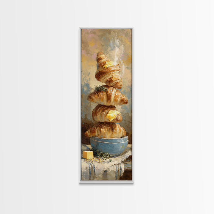 Buttery Croissants Stacked on Striped Linen Canvas Print, Bakery Art, Kitchen Art, Bakery Decor, Abstract Art, Patisserie, BAK-1x3-85