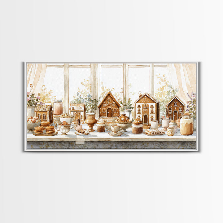 Gingerbread Houses in Charming Folk Art Style Framed Canvas Print, Bakery Art, Contemporary Art, Bakery Decor, Patisserie, BAK-2x1-10