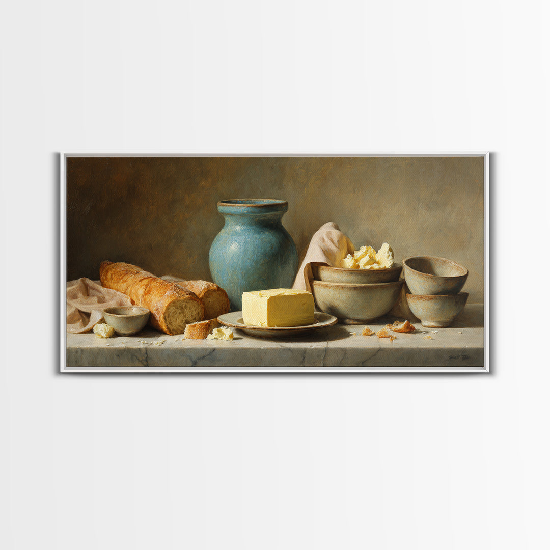 Baguette and Butter Still Life on Marble Framed Canvas Print, Bakery Art, Neutral Wall Art, Bakery Decor, Fine Art, Patisserie, BAK-2x1-100