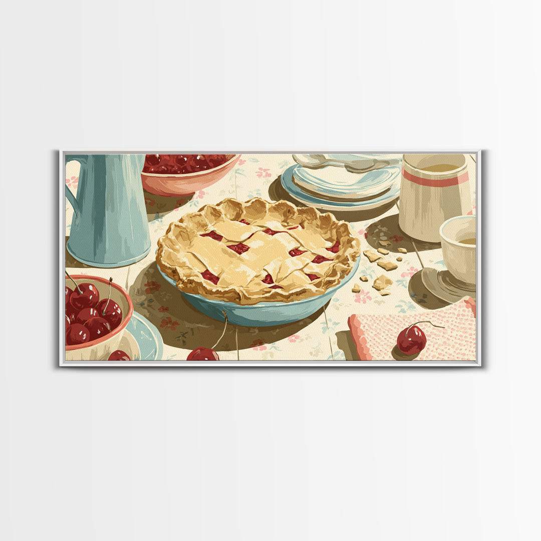 Retro Diner Pie Illustration Framed Canvas Print, Bakery Art, Room Decor, Bakery Decor, Fine Art, Patisserie, Digital Print, BAK-2x1-12