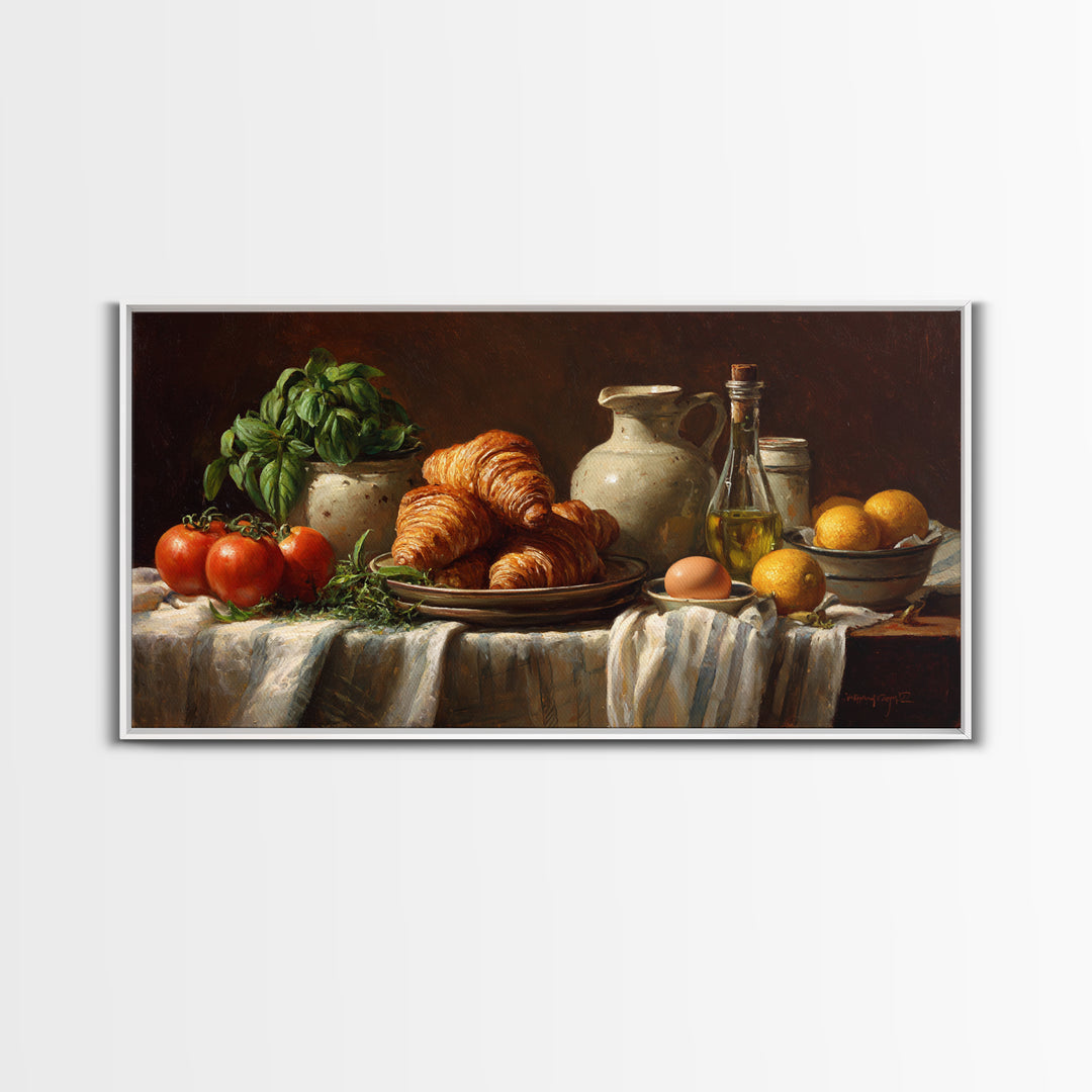Buttery Croissants Stacked on Striped Linen Canvas Print, Bakery Art, Kitchen Wall Art, Bakery Decor, Fine Art, Patisserie, BAK-2x1-21
