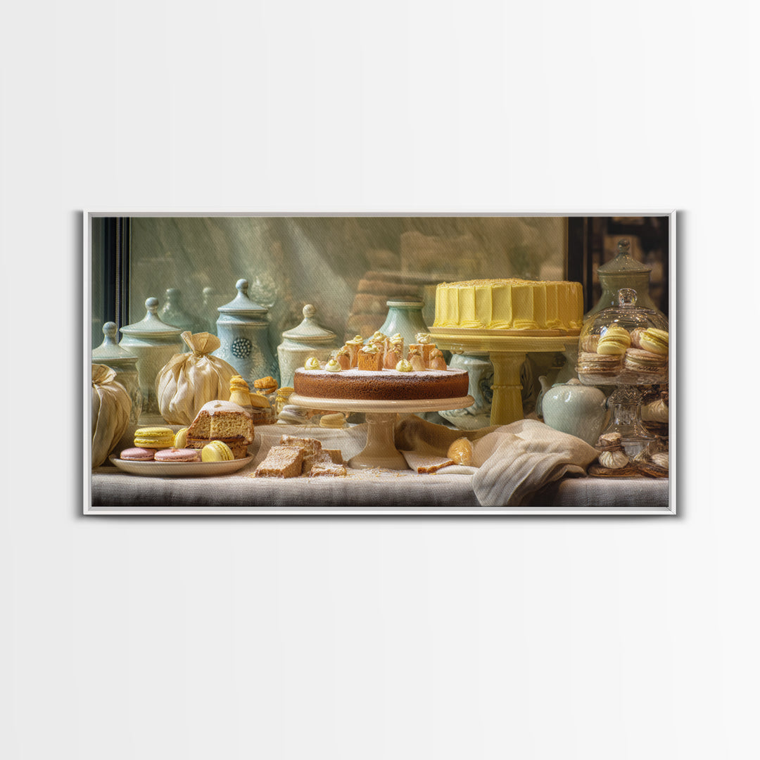 French Patisserie Window Display of Pastel Pastries Canvas Print, Bakery Art, Textured Painting, Bakery Decor, Patisserie, BAK-2x1-22