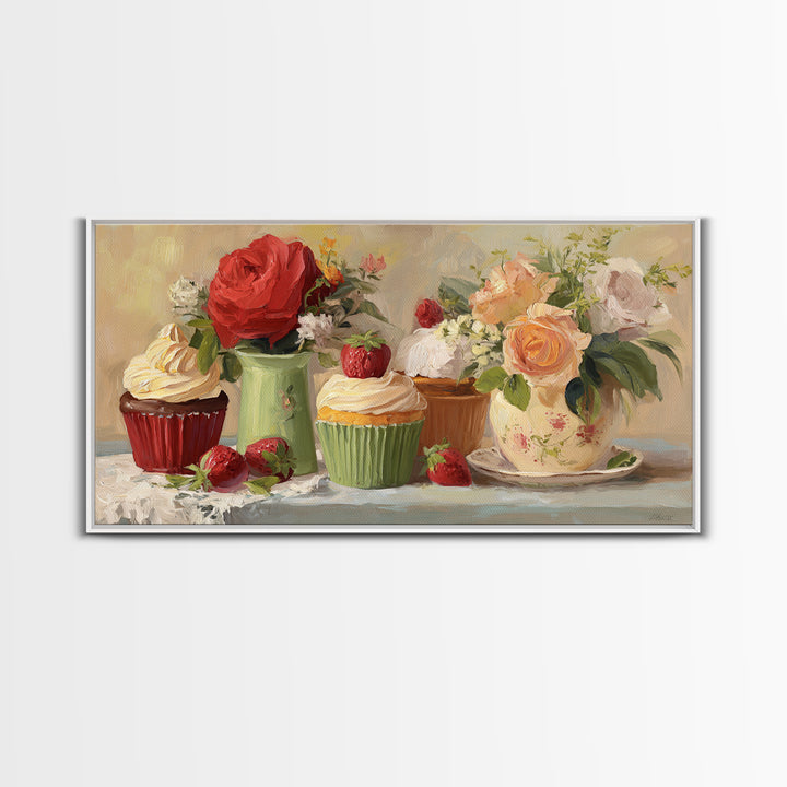 Cupcake Bouquet Painted Framed Canvas Print, Bakery Art, Boho Decor, Bakery Decor, Oil Painting, Patisserie, Printable Wall Art, BAK-2x1-27