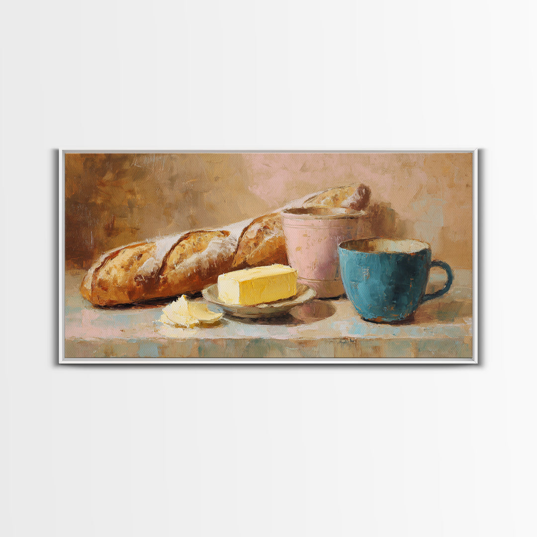 Baguette and Butter Still Life on Marble Framed Canvas Print, Bakery Art, Contemporary Art, Bakery Decor, Fine Art, Patisserie, BAK-2x1-28