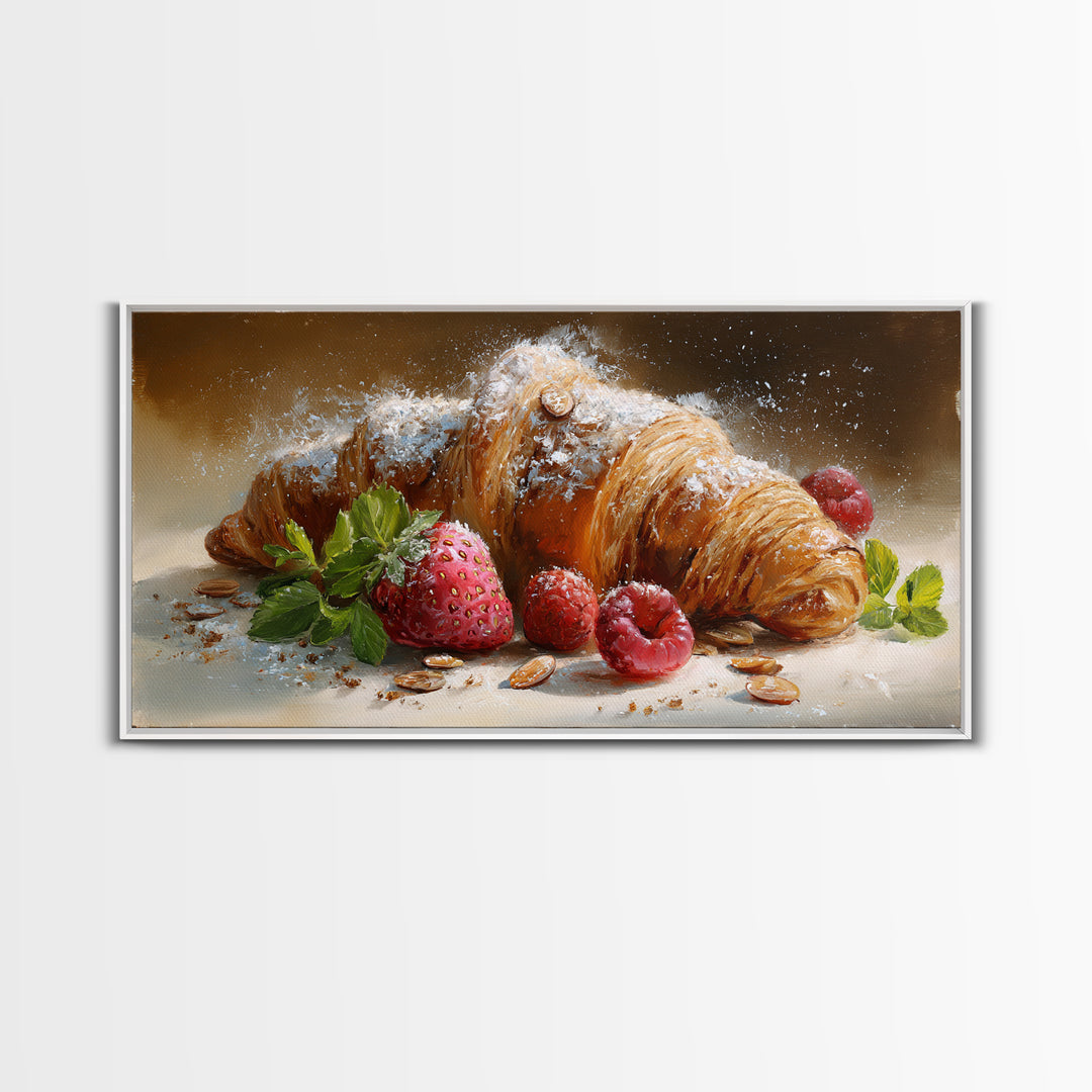 Almond Croissant Closeup Framed Canvas Print, Bakery Art, Wall Art, Bakery Decor, Oil Painting, Patisserie, Kitchen Wall Decor, BAK-2x1-35