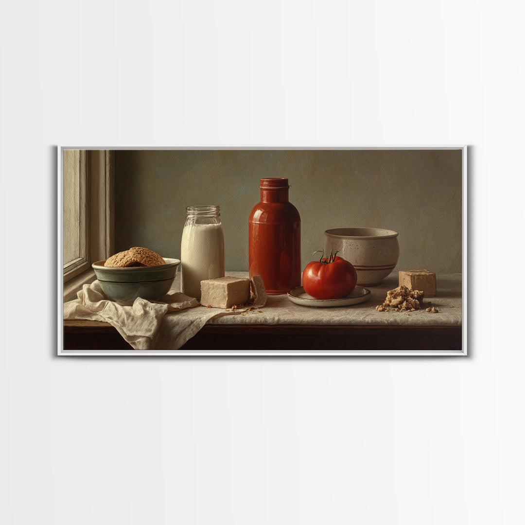 Milk Bottle and Cookies Nostalgic Still Life Framed Canvas Print, Bakery Art, Room Decor, Bakery Decor, Fine Art, Patisserie, BAK-2x1-42