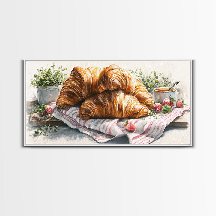Buttery Croissants Stacked on Striped Linen Framed Canvas Print, Bakery Art, Kitchen Wall Decor, Bakery Decor, Patisserie, BAK-2x1-45