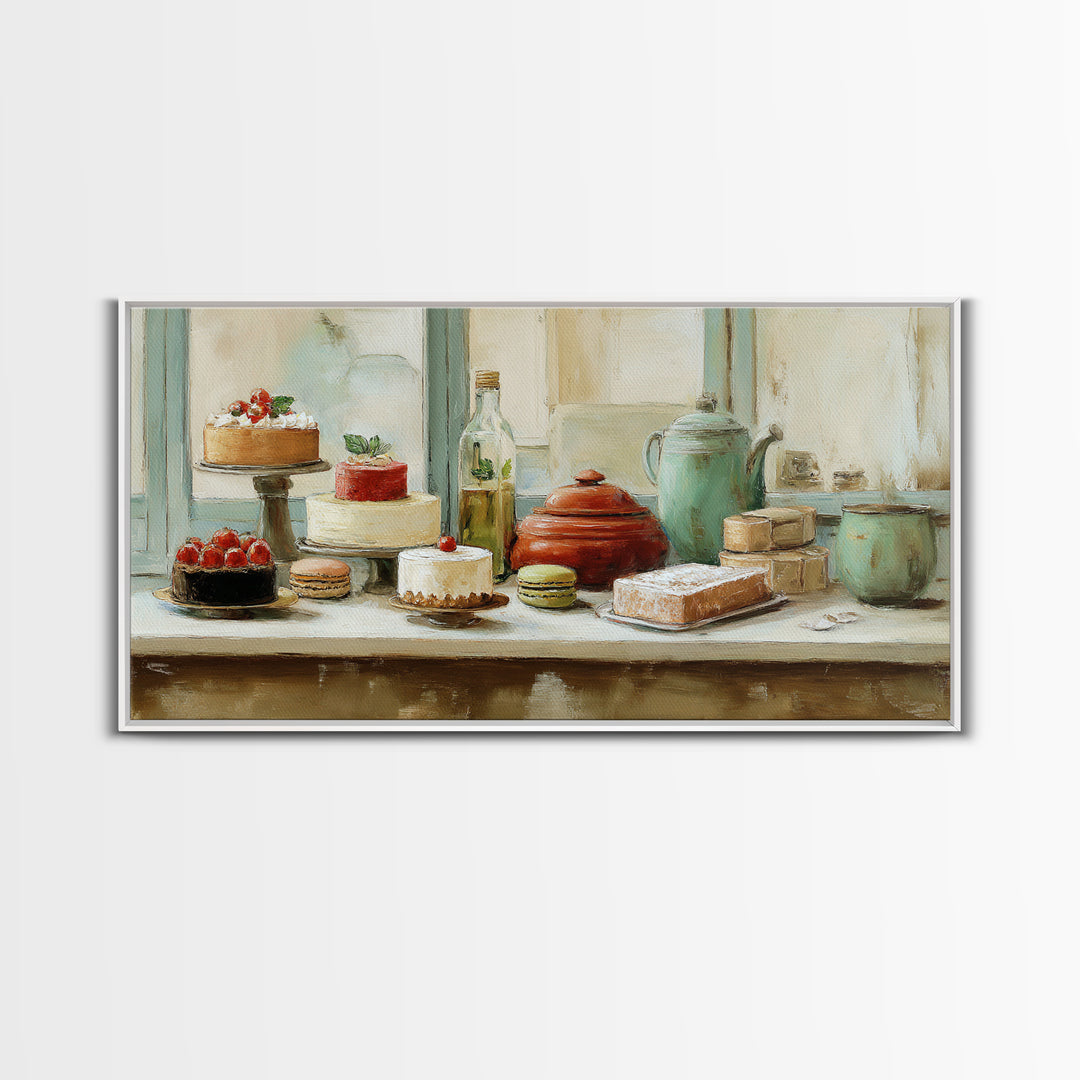 French Patisserie Window Display of Pastel Pastries Framed Canvas Print, Bakery Art, Wall Decor, Bakery Decor, Patisserie, BAK-2x1-46